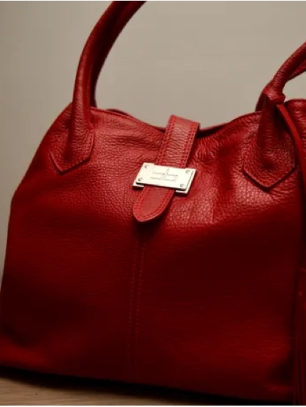Red Pebbled Leather Shoulder Bag with Silver-Tone Plate